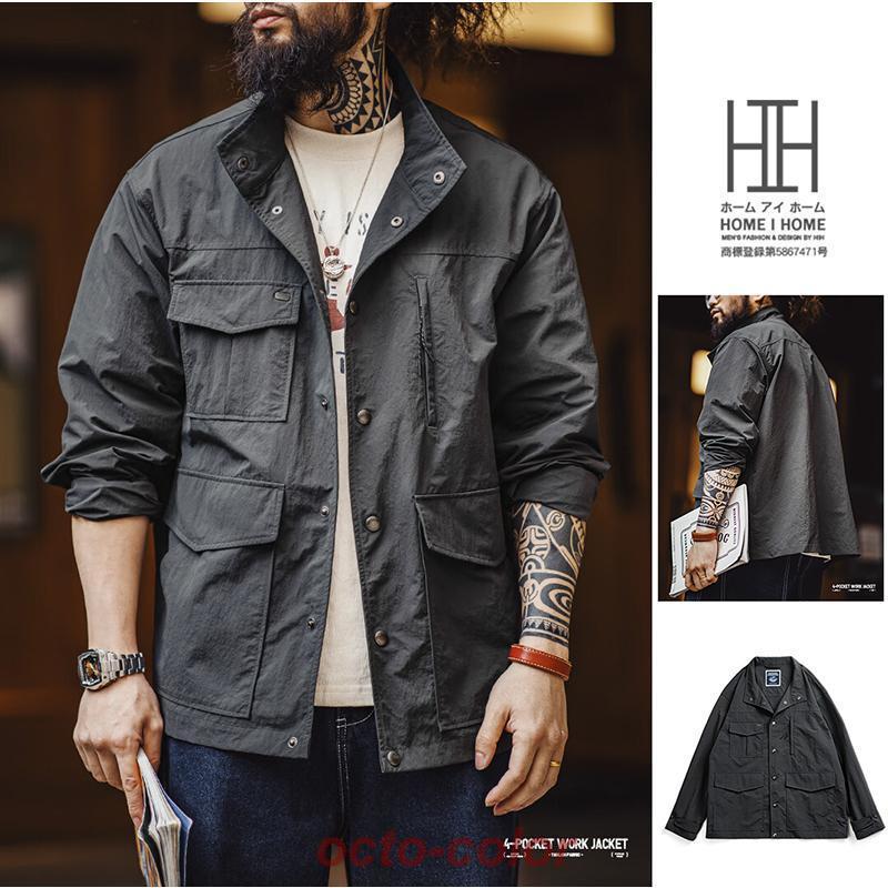 ナイロンジャケット メンズ ミリタリージャケット 大きいサイズ ワークジャケット 撥水 ナイロン レトロ ストリート 襟付き ジップアップ おしゃれ 春 秋 冬