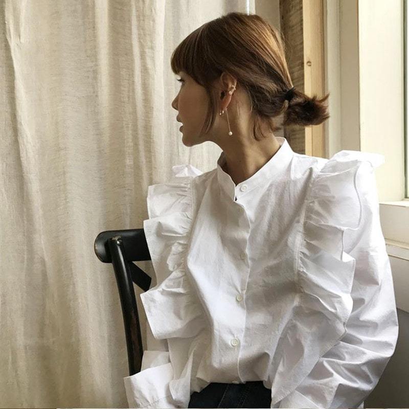長袖 フリル シャツ ブラウス ホワイト 白 バンドカラー 韓国 ファッション レディースファッション