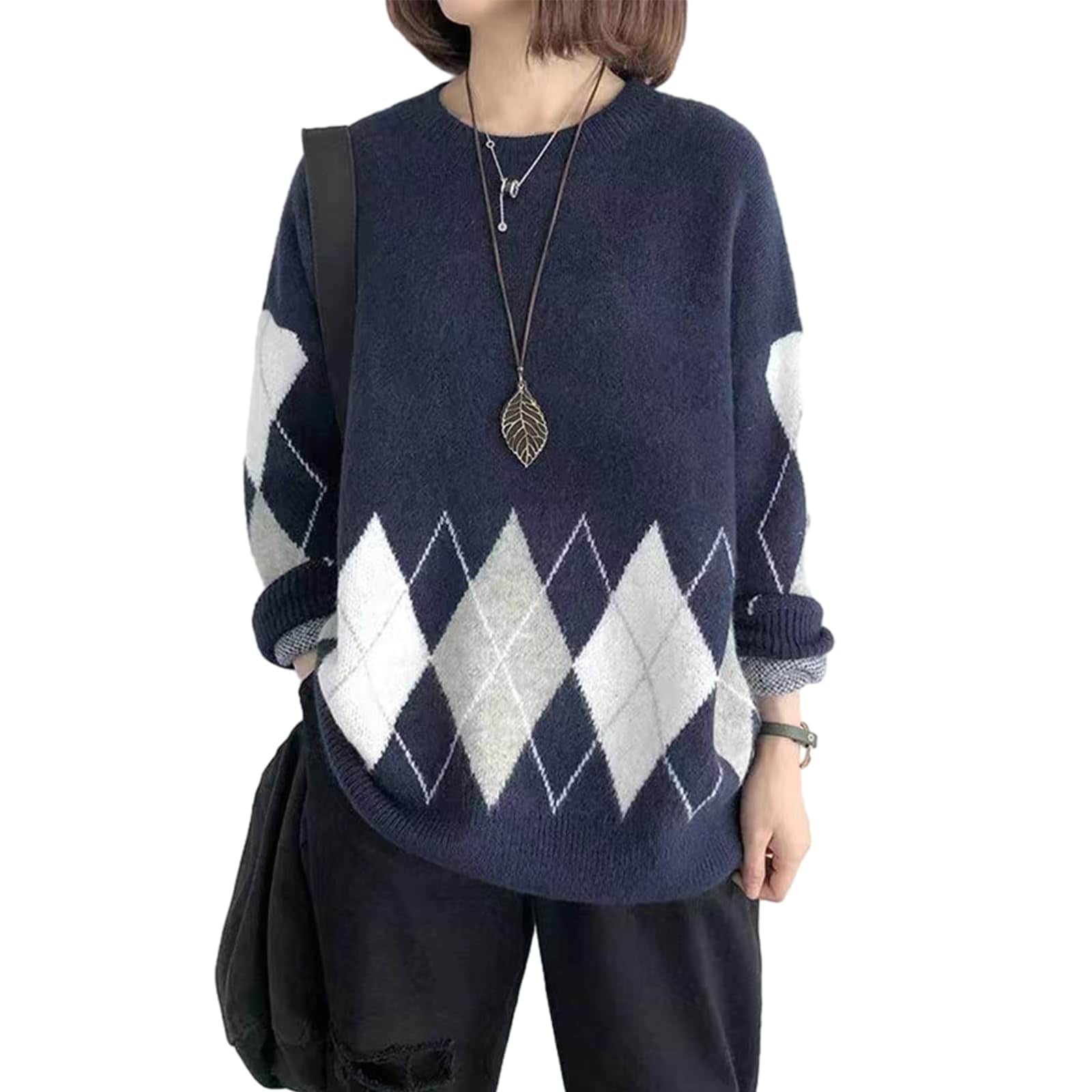 セーター レディース トップス カットソー 長袖 着痩せ 丸首 アーガイル 柄 ファッション カジュアル 可愛い 伸縮性 体型カバー 通勤 着心地 韓国 着回し 柔らかい お出かけ 春 秋 冬