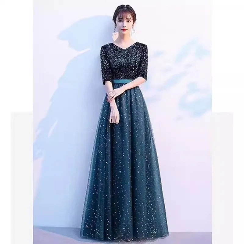 コーラスパフォーマンス衣装 星空イブニングドレス ダークグリーン朗読ソロ 指揮者服 大人 学生 ステージドレス安い