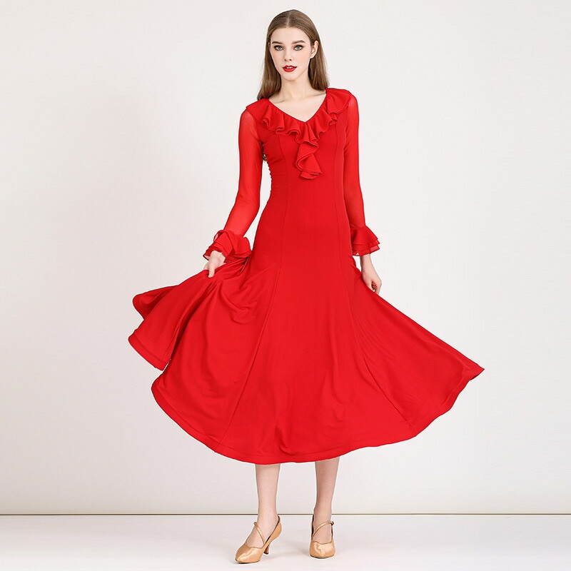 社交ダンスドレス モダンドレス 黒 透け感 社交ダンス衣装 社交ダンス ドレス 衣装 長袖 広がる裾