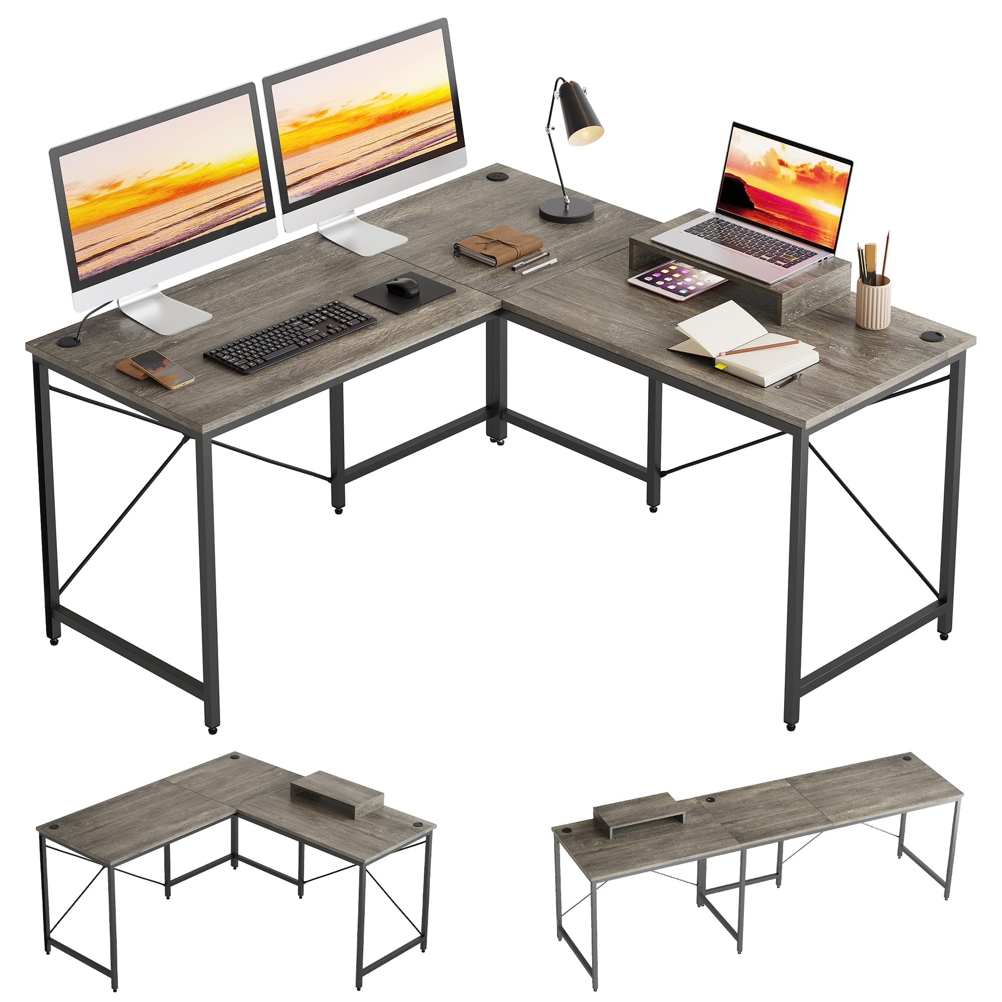 字デスク パソコンデスク 幅150cm×奥行150cm ゲーミングデスク L字型 机 pcデスク コーナーデスク モニター台付き 長机 オフィスデスク 在宅勤務 グレー 47031