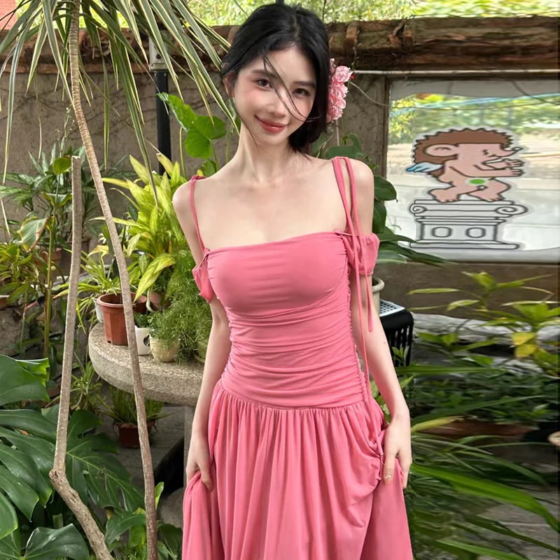 2025春夏 ワンピース かわいい ミモレ丈 ジャンパースカート キャミソール フロントオープン 春 韓国ファッション レディース おしゃれ かわいい