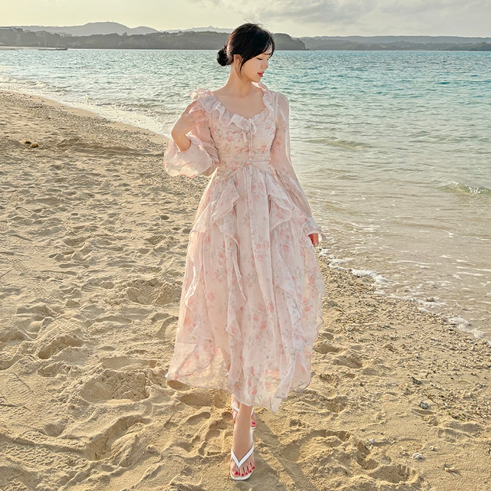 ヴィーナス フリル フラワー シフォン ロングワンピース