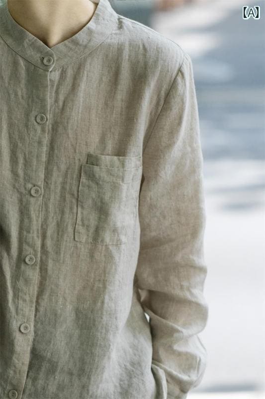 レディース　　シャツ　トップス 雨 露を 語る リネン 染め リネンシャツ 秋 小さい スタンドカラー アーティスティックな レディーストップス