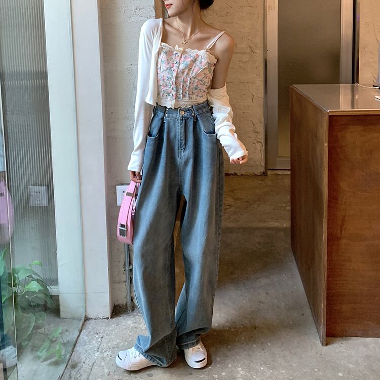 ジーンズ ボトムス 長ズボン ワイドジーパン スリット タック ハイウエスト ウォッシュ加工 ミモレ 丈 ウォッシュ加工 スリット ストレッチ 美脚 動きやすい 韓国 かわいい 可愛い