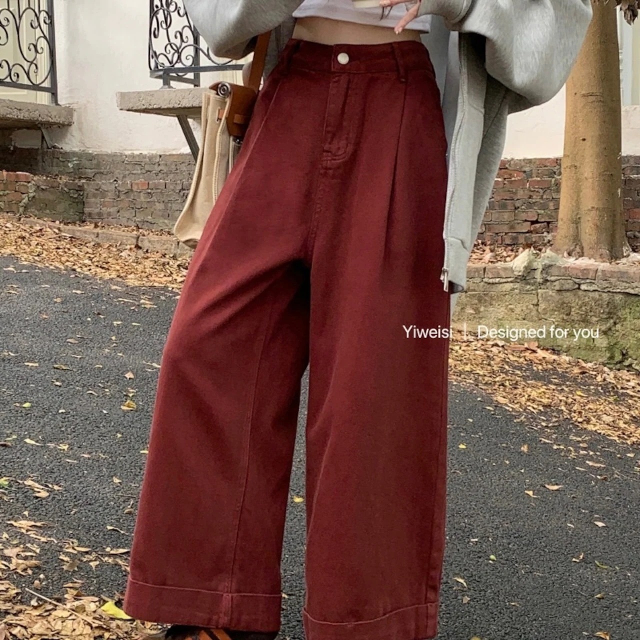 2024秋冬パンツ デニム ジーンズ ロング丈 ワイドレッグ ハイウエスト 美脚効果 脚長効果 細見え 秋 エンジ 赤 白 おしゃれ かわいい 韓国ファッション レディース お出かけ