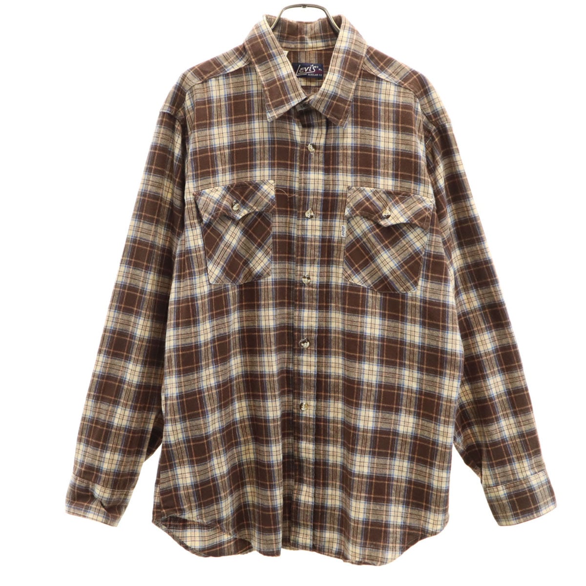 70s USA製 ヴィンテージ チェック柄 長袖 シャツ XL ブラウン系 メンズ 古着