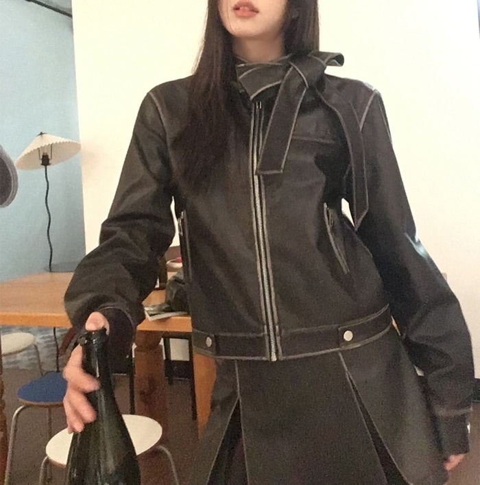 レザー セットアップ ライダースジャケット スカート 無地 フェイクレザー パーティースタイル ホームパーティーアイテム ハイネック オフィススタイル エレガントスタイル カジュアルスタイル