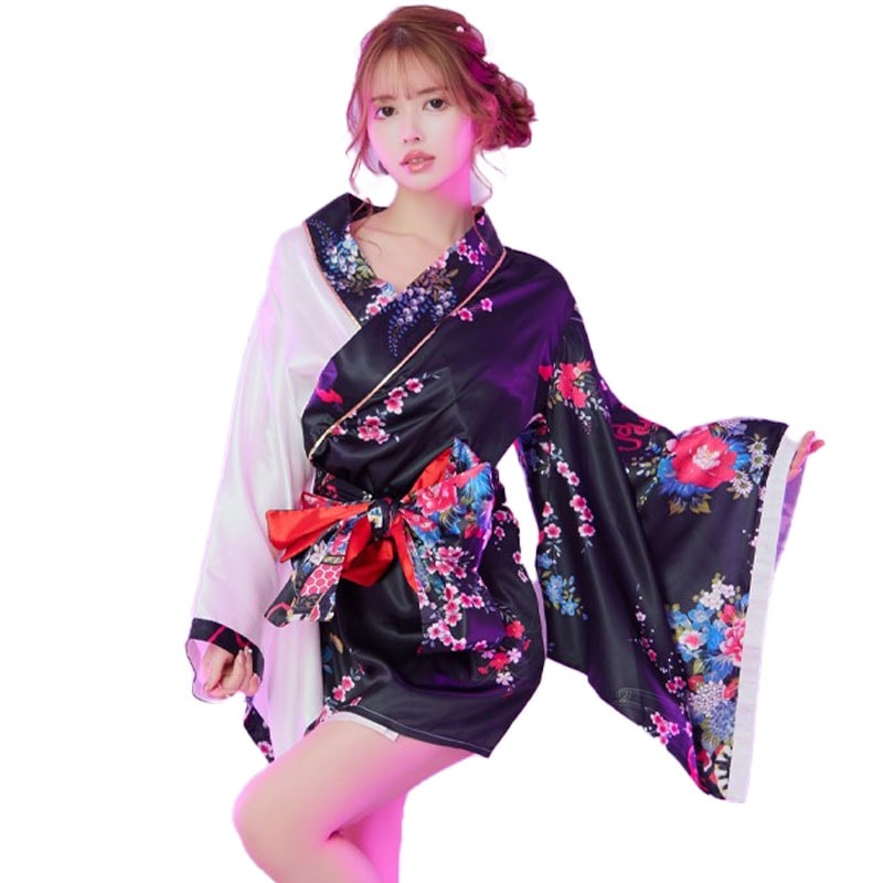 【2点セット】和柄 花柄 美胸 バイカラー ミニ 豪華 帯 花魁 着物 ドレス コスプレ イベント ハロウィン キャバドレス [1206A]