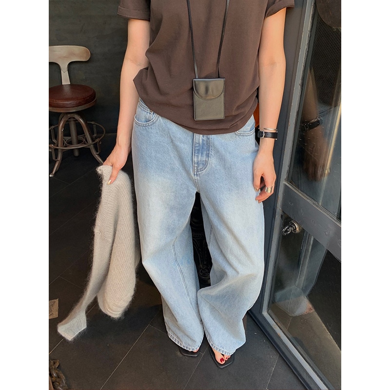 秋ストレートジーンズレトロウォッシュハイウエストカジュアルパンツレディース A4314