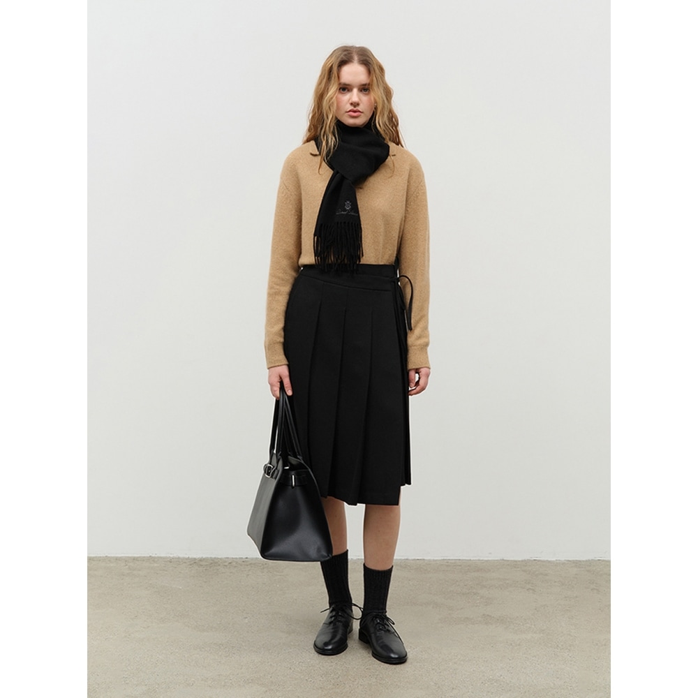 Dunst 女性用リボン付きワイドプリーツスカートブラック UDSK4D223BK