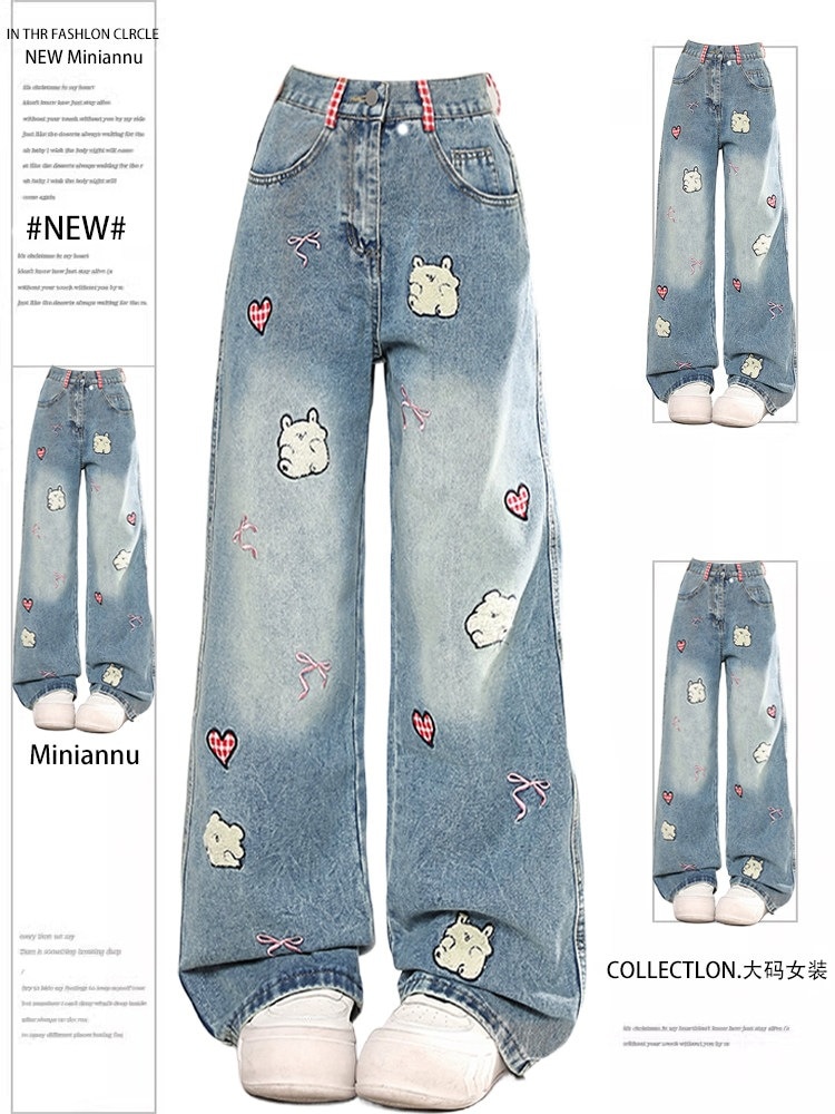 （ライトなし） 特大サイズのアメリカンレトロジーンズ太った女性向け漫画刺繍入りハイウエストスリムストレートパンツ
