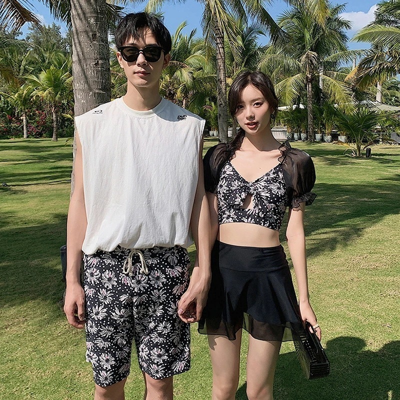 カップル値段 ペア 水着 ペアルック カップル 水着 おそろい お揃い 水着 レディース 水着 黒 ブラック セパレート スカート 体型カバー 2点セット 水着 メンズ 水着 サーフパンツ ビーチパン