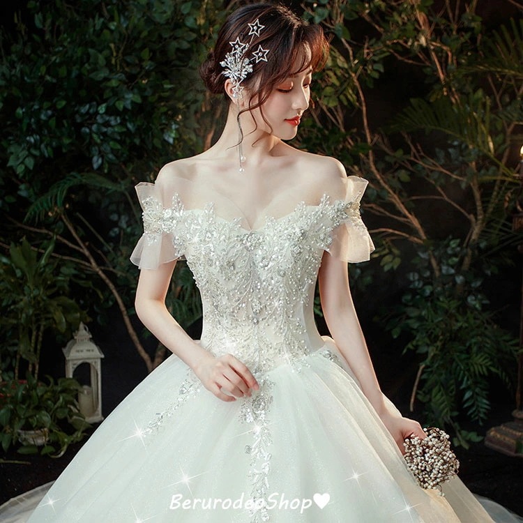 【NEWカラー追加】ウェディングドレス オフショルダー Vネック トレーンドレス 結婚式ドレス 花嫁ドレス ロングドレス 海外挙式 ウェディングドレス Aライン 二次会ドレス プリンセスドレス