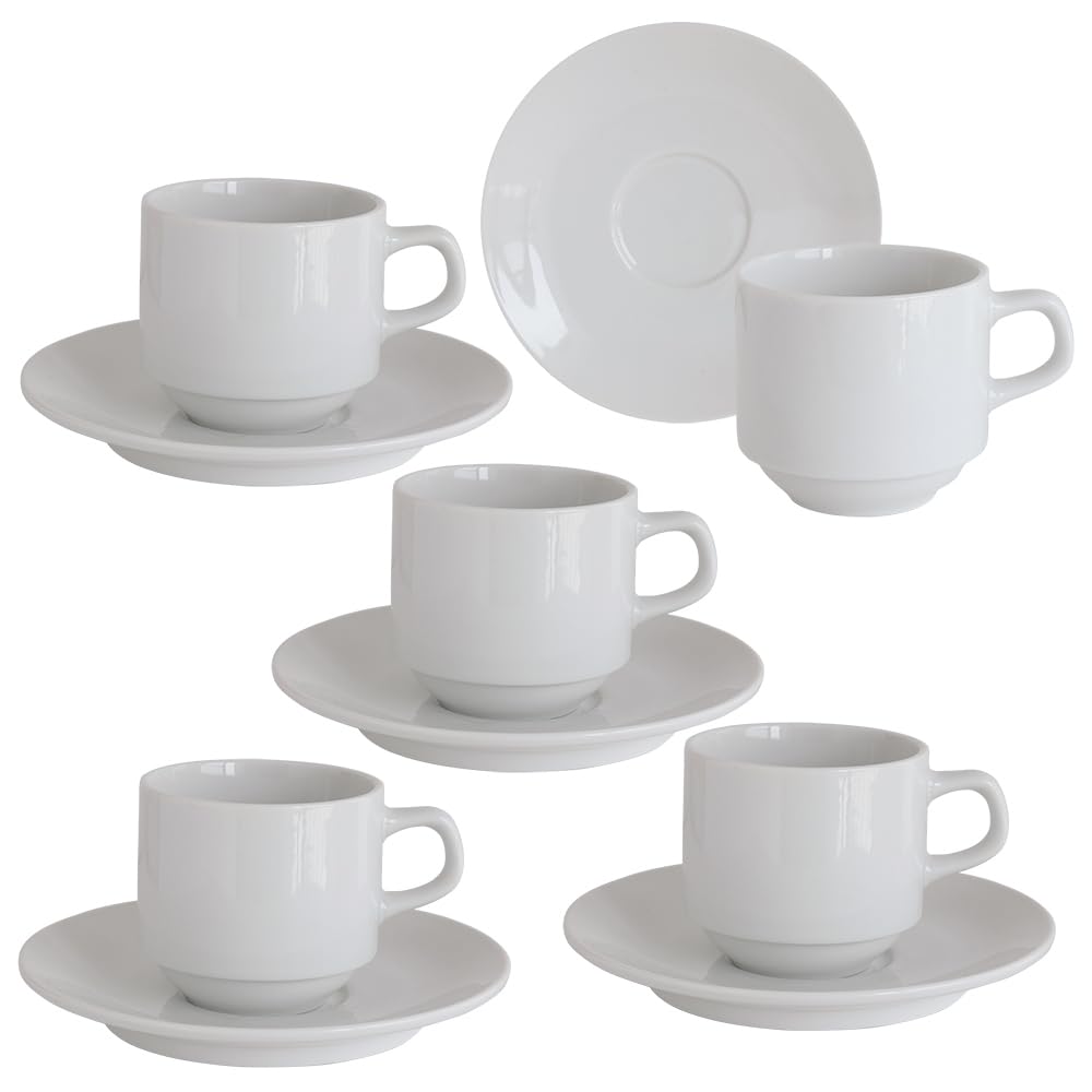 Dolce duo コーヒーカップ カップ ソーサー セット 白 業務用 来客用 スタッキング収納対応 (箱入り) 5客セット 無地 DAM-463