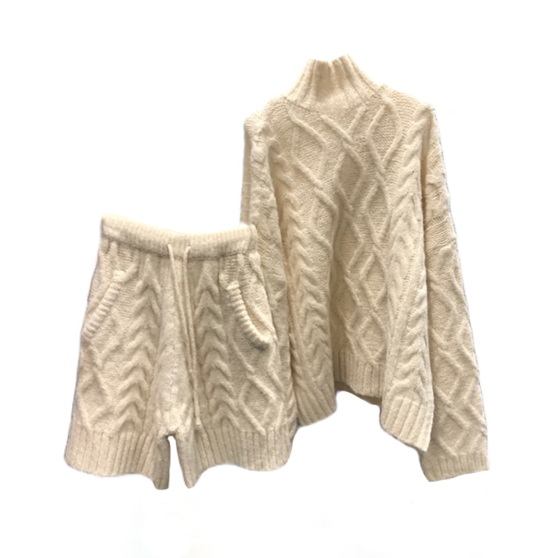 セットアップ ツーピース 上下セット 2点セット ニット ケーブルニット レディース 送料無料 3色 トップス ボトムス リブ ニットソー ハーフパンツ ショートパンツ ミディアム丈 ハイネック 大人