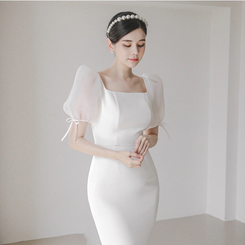 2025サテンシンなライトウェディングドレススクエアカラーパフスリーブ気質スリムフィットカンパニー