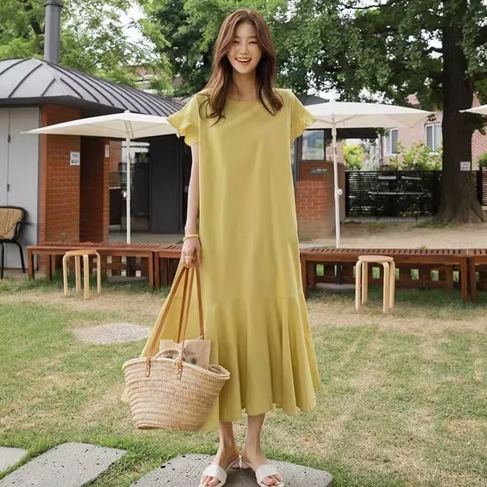ワンピース ミモレ ミモレ丈 袖あり 半袖 ラウンドネック マーメイド 大人可愛い きれいめ シンプル カジュアル 大人 上品 おしゃれ お洒落 大人女子 こなれ感 ラフ ラブリー エレガント 無地