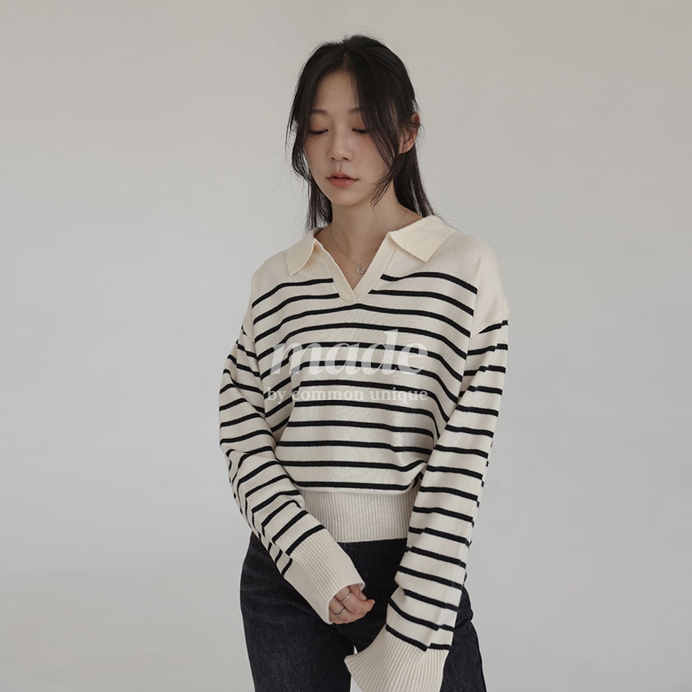 [MADE] オープンカラーネックソフトストライプニット