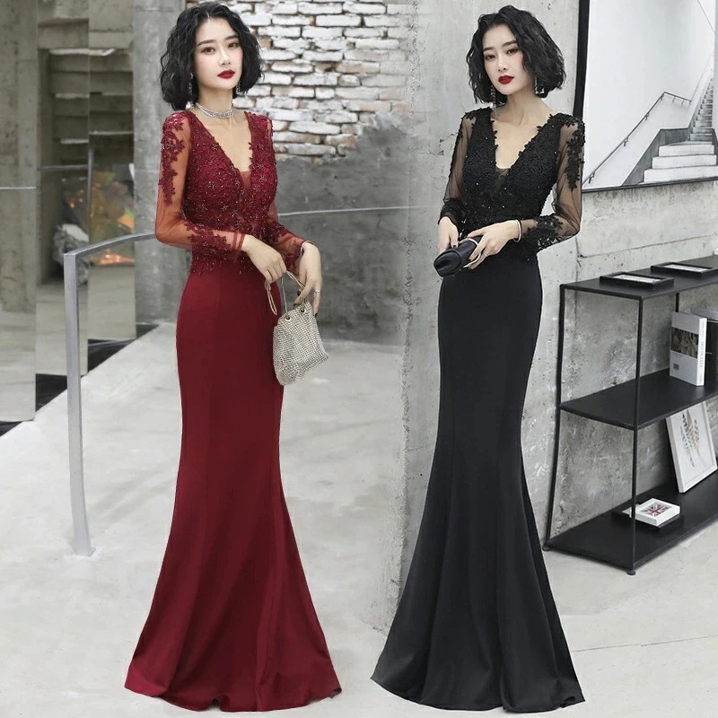 【急速出荷!】ロングドレス 発表会 演奏会ワンピース 20代 30代 40代 全5色 セクシードレス マーメイドドレス ナイトドレス 長袖 Vネック 花飾り ル切り替え ロング丈 イブニングドレス イ