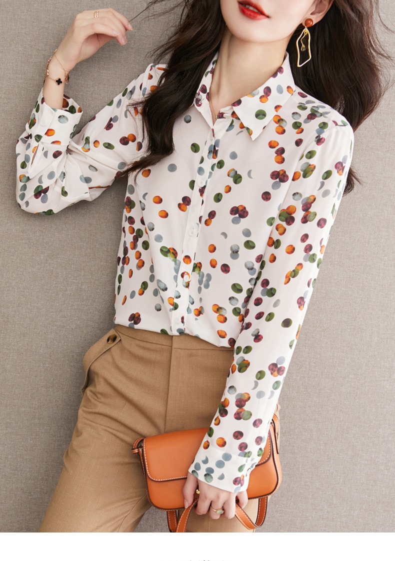 秋 エレガント 婦人服 カラフル 水玉模様 シルク 美しい シャツ ゆったり シルク トップ M L XL XXL トップス 袖あり かわいい 大人可愛い きれいめ シンプル カジュアル 大人 上品