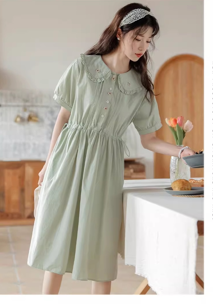 女の子 かわいい カレッジ スタイル プラスサイズ ドレス 個性的 ワンピース 膝下 袖あり 5分袖 五分袖 襟付き かわいい 大人可愛い シンプル カジュアル 大人 上品 おしゃれ お洒落 こなれ感