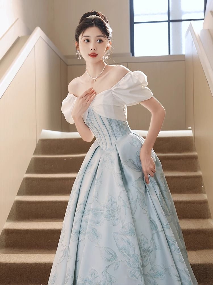 結婚式 ワンピース ドレス パーティドレス パーティードレス 二次会 ロングドレ 優しい風ホワイトブルーリリードレスエレガントガウンワンピース パーティードレス