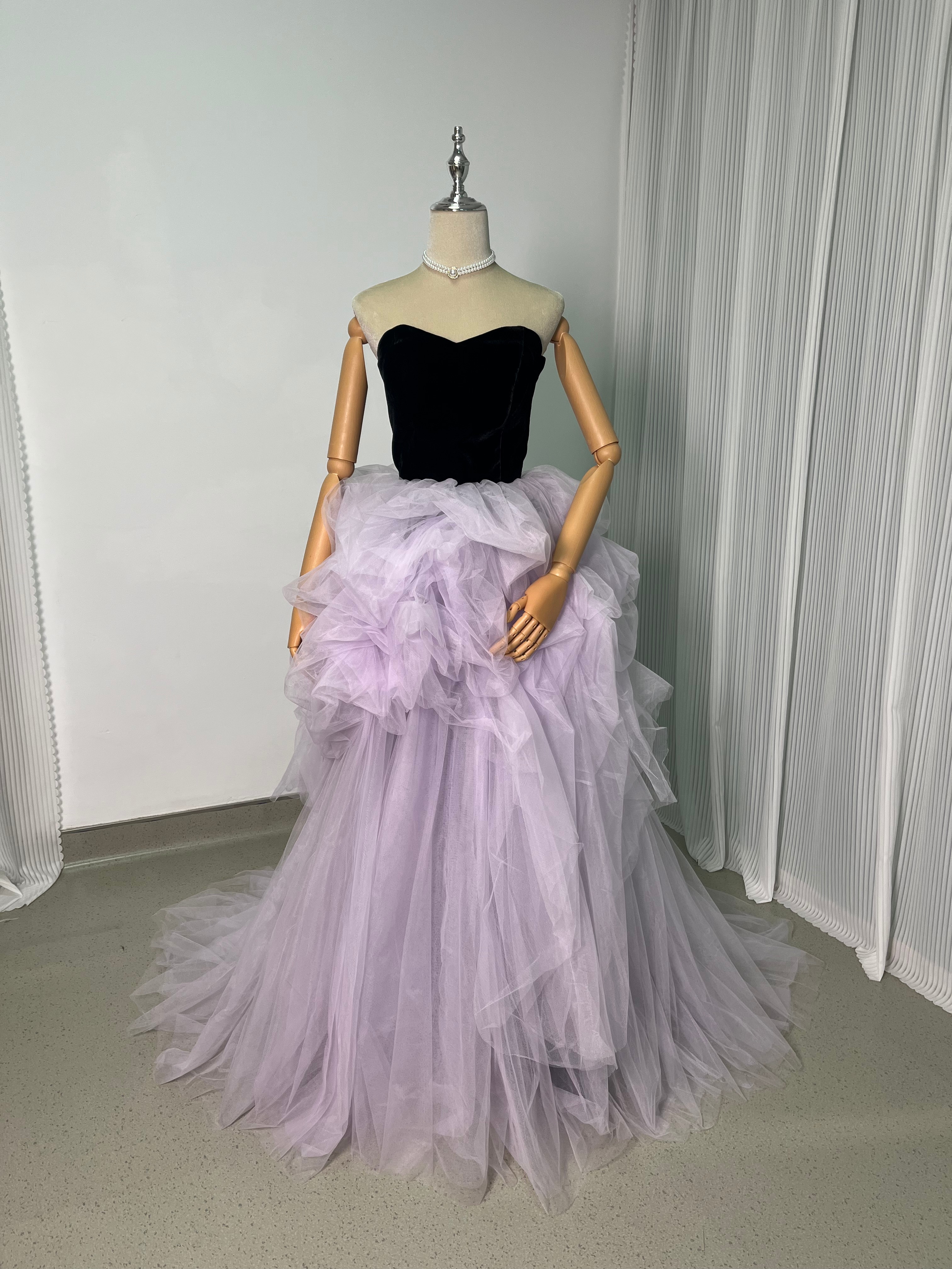 パーティードレス オーキッド ソフトチュール 黒 ビロード ベアトップ デザイン感 前撮り
