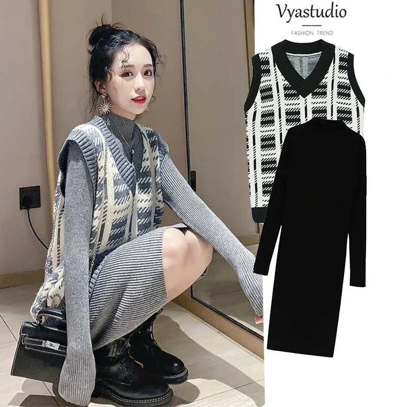 大人気！ セーターニット2点セット スカート+ベスト レディース Vネック ラウンドネック ニットワンピ ゆっ ニット メガ割 福袋 アウター ゲームソフト マスク下着 コート パジャマ 外 コート