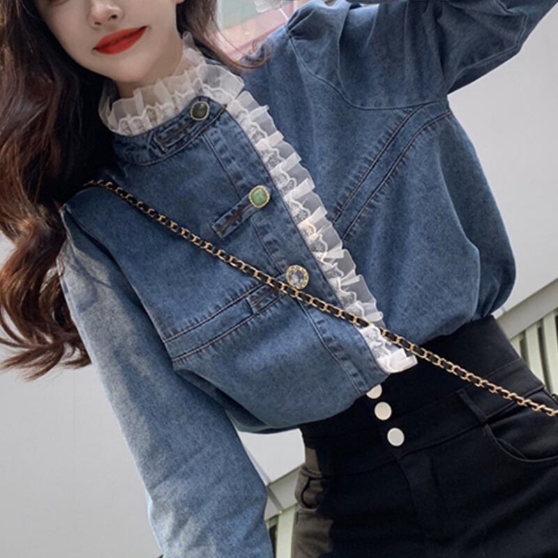 レディース トップス シャツ ブラウス デニム 袖コンシャス ブルー お洒落 おしゃれ 秋冬 256