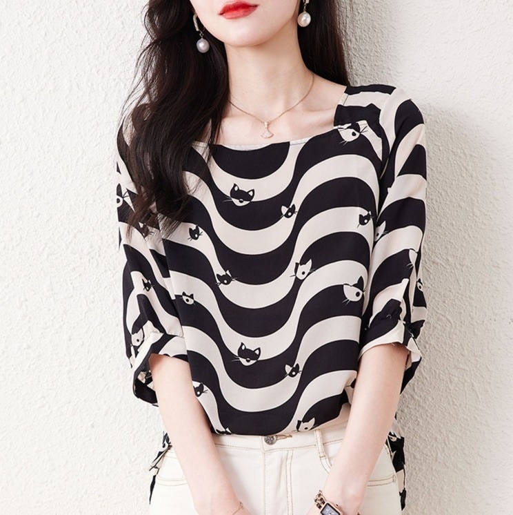 キャラモチーフトップス シフォンシャツ 猫ストライプトップス カジュアルシフォンシャツ トップス シャツ カットソー プルオーバー 袖あり 半袖 5分袖 五分袖 ボリューム袖 Uネック ボートネック
