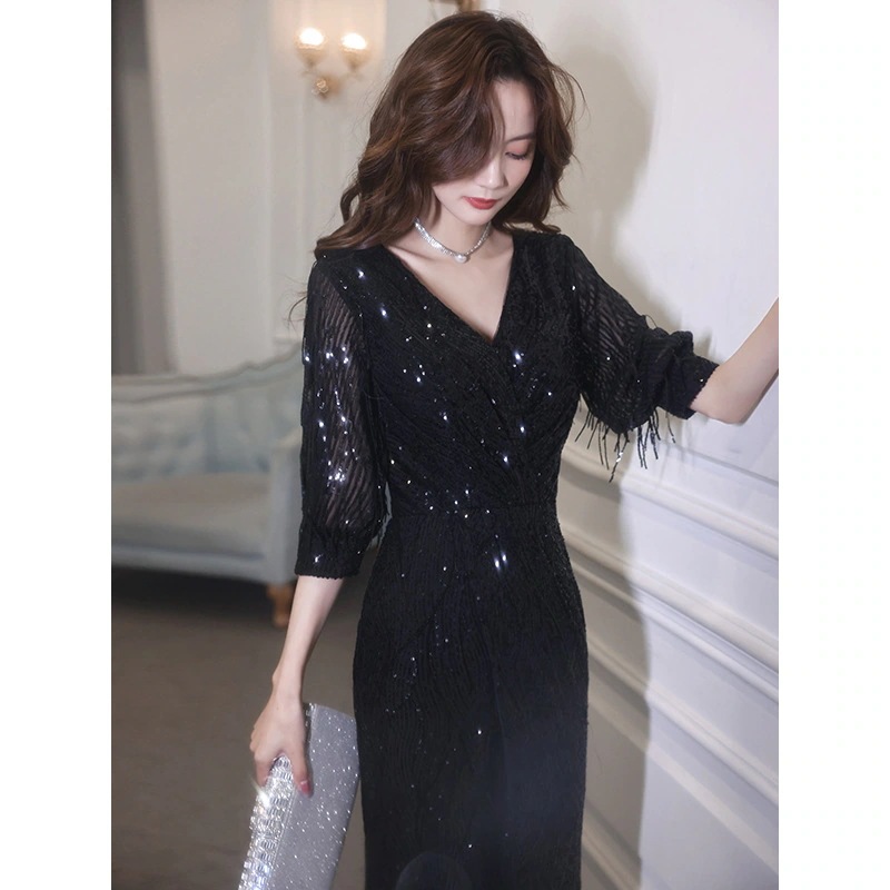 ワンピースドレスドレス女性のためのブラックドレス2025宴会の気質長い気質テクスチャスパンコール