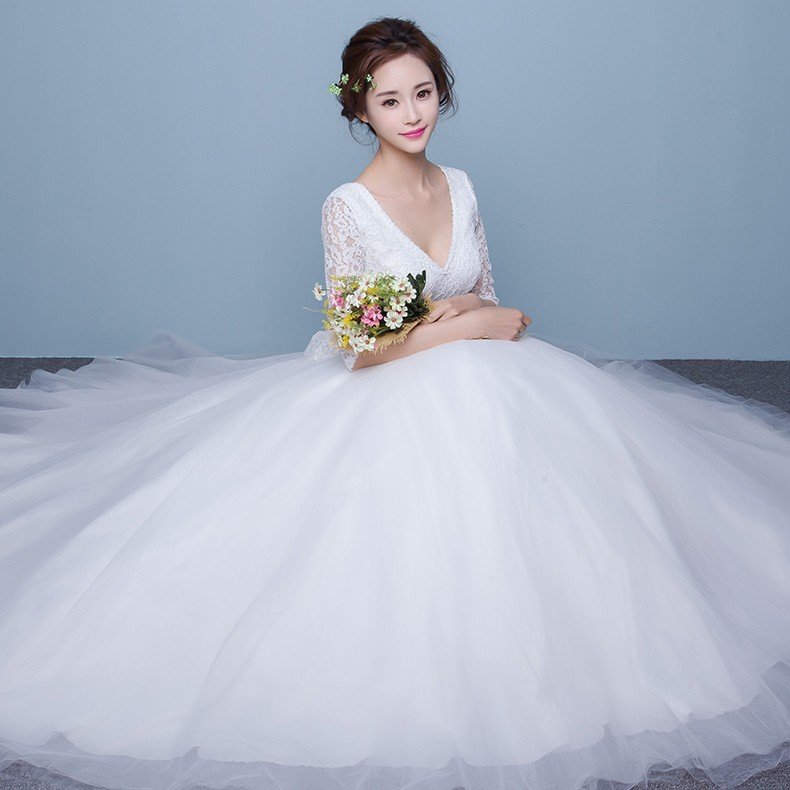 ウエディングドレス 袖付き 二次会 ウェディングドレス 安い 結婚式 プリンセス エンパイア 花嫁 ドレス Vカット ロングドレス ブライダル 白 大きいサイズ