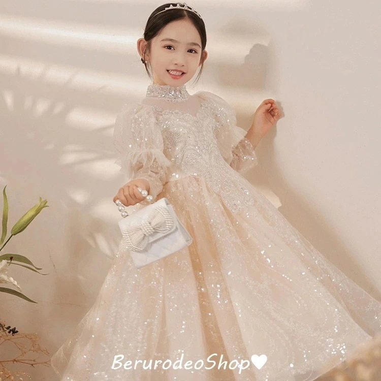 子供ドレス ロングドレス ピアノ発表会 シャンパン色 スパンコール キラキラドレス 女児ドレス 立ち襟 パフスリーブ 可愛い 演奏会ドレス 女の子 プリンセスドレス キッズドレス 長袖 子供ピアノ用