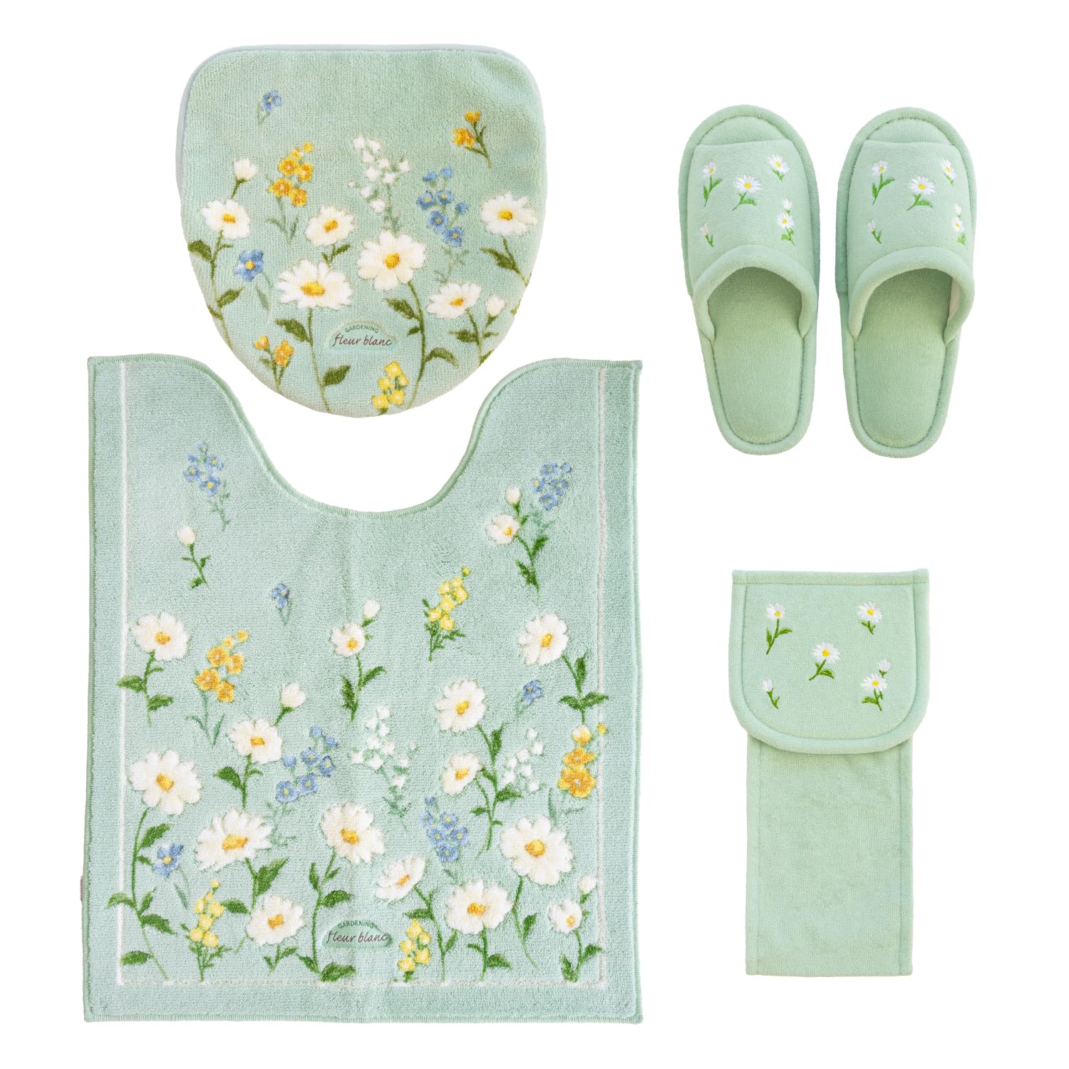 オカ(OKA) フルールブラン ロングトイレマット 4点セット (トイレマット ＋フタカバー＋ホルダーカーバー＋スリッパ) グリーン (4点セット 北欧 洗える 滑り止め 洗浄 暖房 O型 U型)