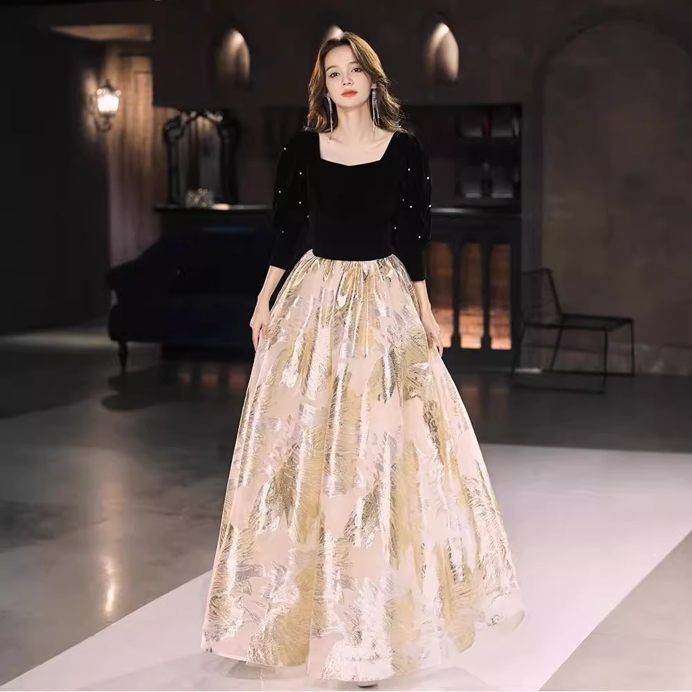 2025年新作レディースフレンチブラックイブニングドレス淑女の気質高級年次総会司会ドレス