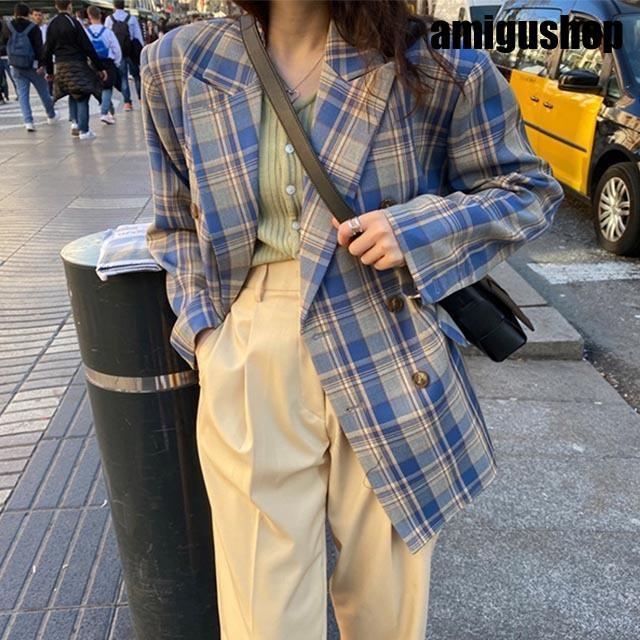 チェック柄 テーラードジャケット レディース グリーン ブルー 韓国風 ジャケット オシャレ ゆったり テーラードジャケット 20代 30代 体型カバー