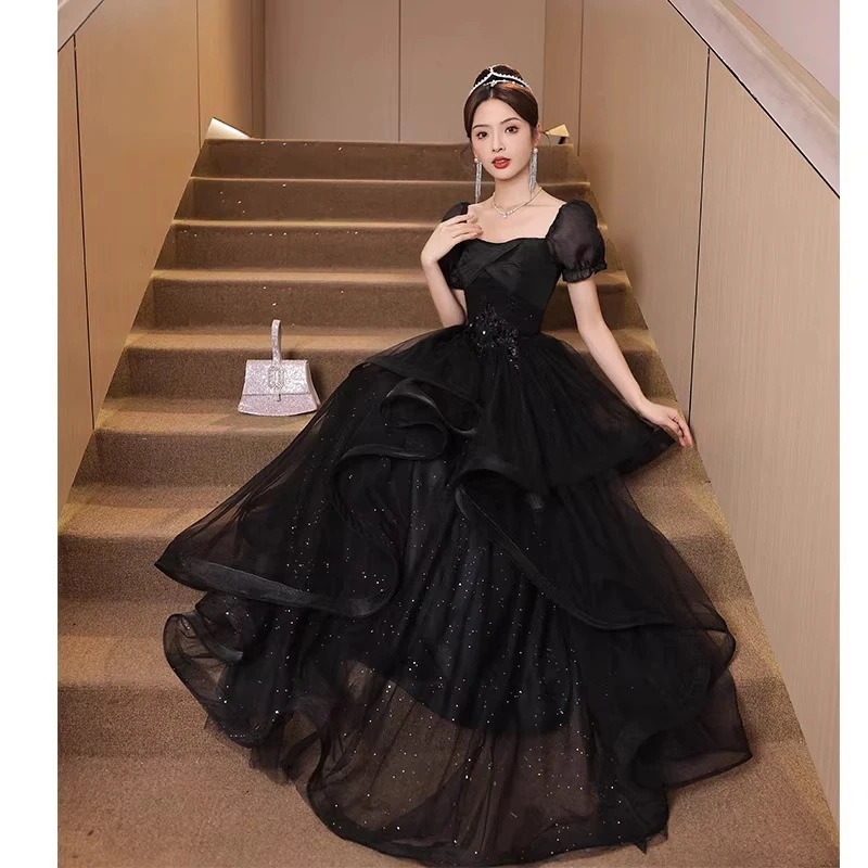 【送料無料】黒のイブニングドレス王女 ンピース ロング 入学式 宴会 結婚式 ドレス パーティードレス お呼ばれ 披露宴