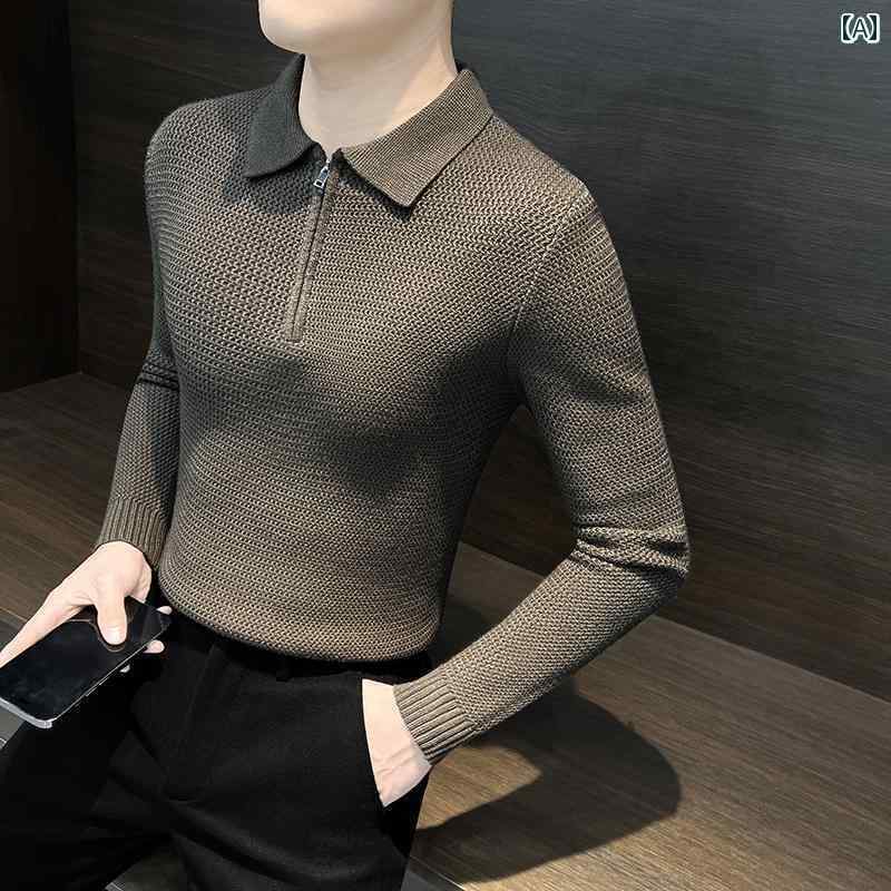 トップス シャツ メンズ ハーフ ジップ ポロ セーター 厚手 暖かい ニット セーター 秋冬 ストライプ レイヤリング