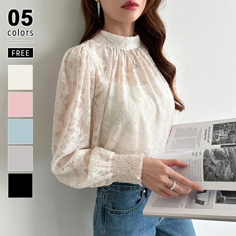 [迅速な配達][限時割!引!]ブラウス シアーブラウス ジャガード きれいめ 長袖 レディース フラワージャガード 透け感 トップス オフィス オフィスカジュアル おしゃれ シアー ハイネック 花柄 4,236円