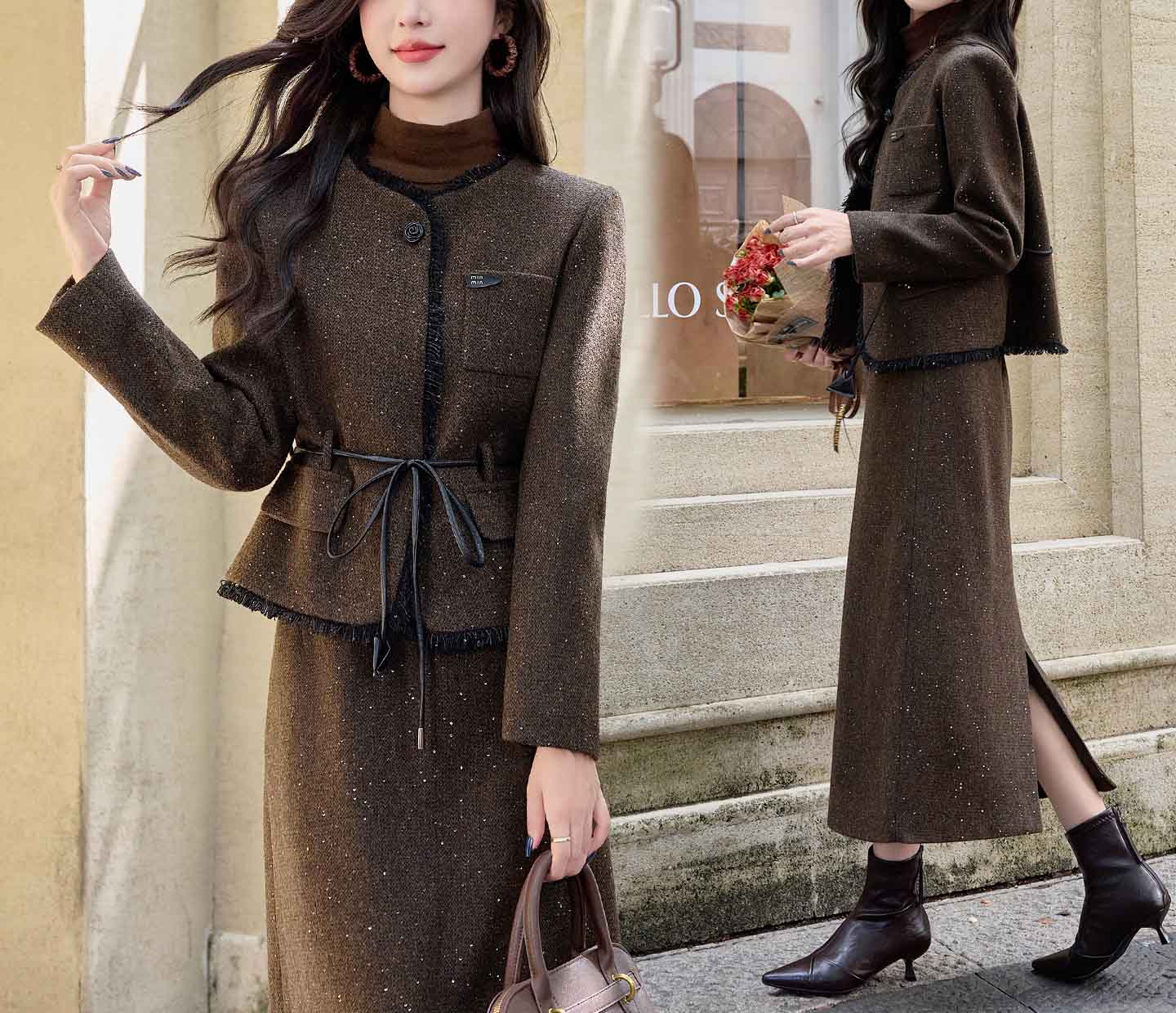 スカートスーツ 2点セット セットアップ レディース スカート ツイード ジャケット ノーカラー ロングスカート 長袖 春 秋 冬 さらりと心地よい 着痩せ シンプル カジュアル 女性らしい きれいめ