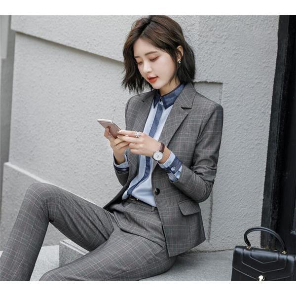 スーツレディース上下セット春秋パンツセットチェック柄ビジネススーツリクルートスーツ事務服フォーマル細身OLビジネス通勤