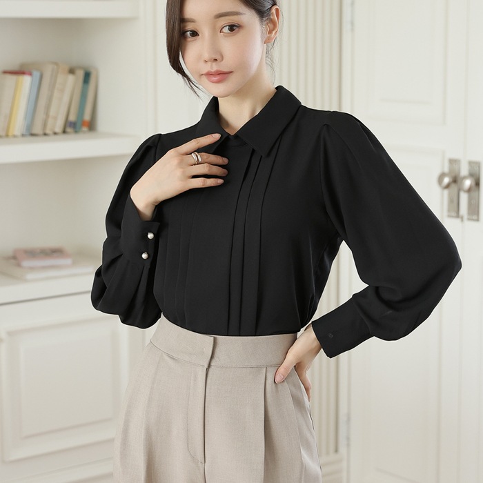 [韓国ファッション] カラーネック ピンタック しわ 袖 真珠 ボタン ブラウス