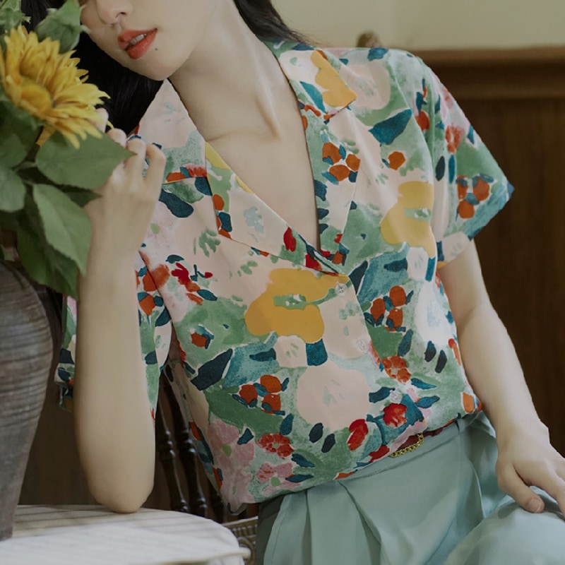 セットアップ スカート レディース 夏 ベルト付き 柄シャツ 半袖 フレンチガーリー 緑系 デート 通勤