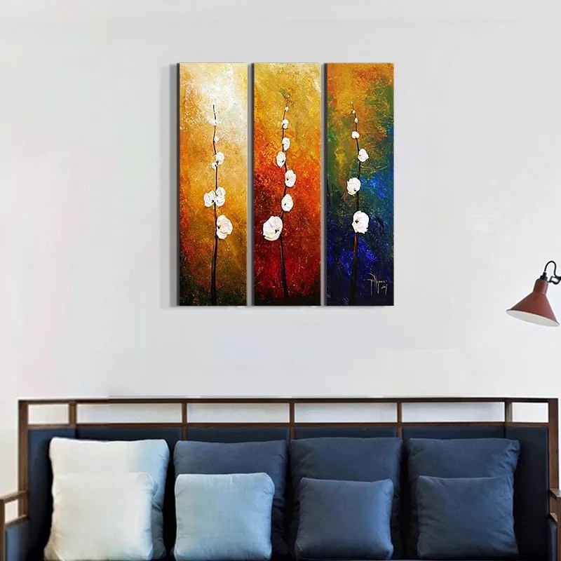 人気色鮮やか壁飾り油絵三連画複合画トリプティカ白花インテリアリビングオフィス応接間客室壁掛けアート現代雰囲気美術品 幅120cm
