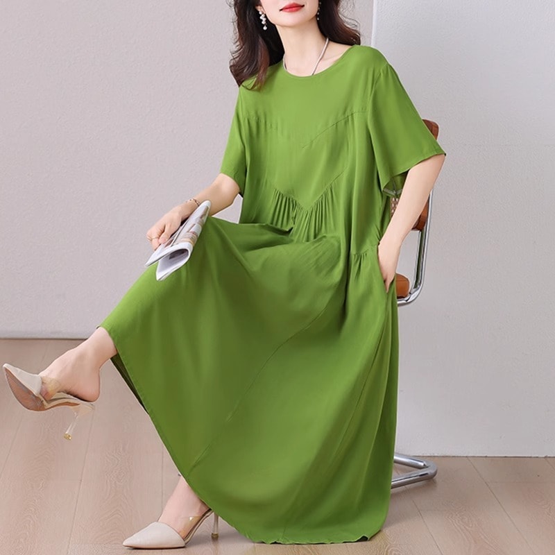 ワンピース ロングワンピース 半袖 ラウンドネック 切り替えデザイン ロング丈 かわいい 大人可愛い きれいめ シンプル 上品 おしゃれ カジュアル こなれ感 個性的 主役級 ラフ ルーズ 存在感