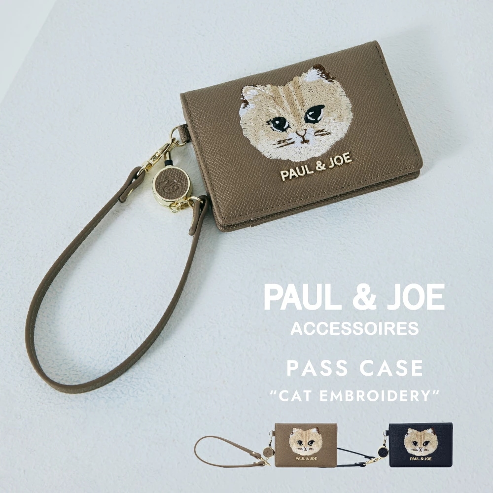 PAUL & JOE ACCESSOIRES (ポール＆ジョーアクセソワ)リールコード付き2面パスケース　カードケース PJA-W1083 CAT刺繍
