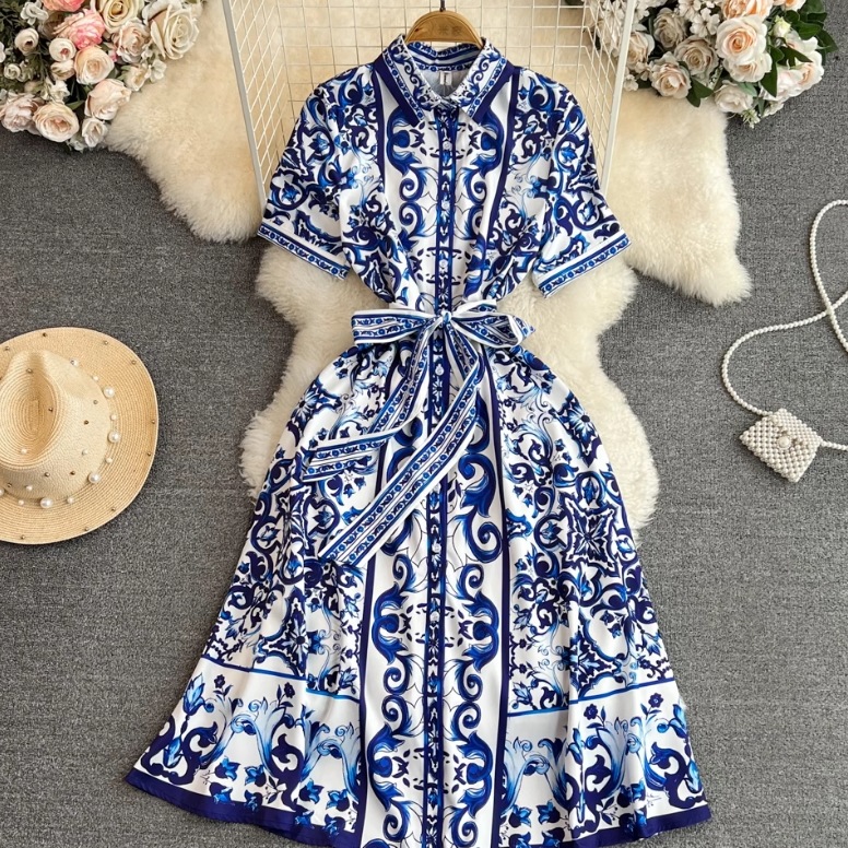 レディース スカート ワンピース シャツワンピ 前開き ロングスカート 半袖 襟付き ワイド Aライン リボン ウエストマーク ウエストリボン ハイウエスト 異国風 ボタン 薄手 かわいい 大人可愛い