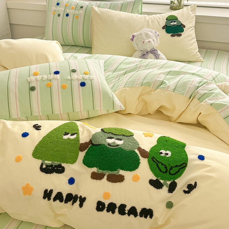 綿100%タオル刺繍入りベッド4点セット%純綿掛け布団カバー寝具シーツ3点セットベッドシーツタイプ
